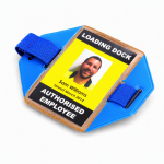 Front of blue Hi-Vis reflective portrait armband ID card holder with adjustable blue elastic strap SKU CHARM03B