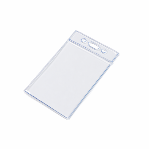CHFV01 Clear flexible plastic ID card holder with slot holes and badge clip openings for lanyard attachment on a white background