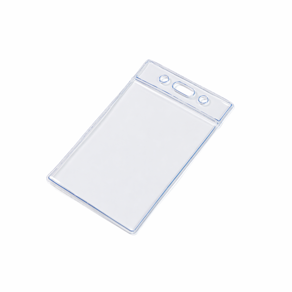 CHFV01 Clear flexible plastic ID card holder with slot holes and badge clip openings for lanyard attachment on a white background