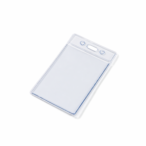 CHFV01D Clear flexible plastic ID card holder with slot holes and badge clip openings, transparent finish on white background
