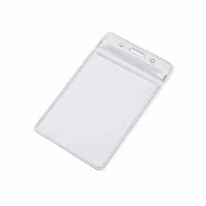 CHFV6090C Clear flexible plastic ID card holder with reinforced header and slot holes for retractable reel or lanyard attachment on a white background