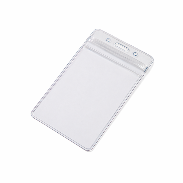 CHFV6090C Clear flexible plastic ID card holder with reinforced header and slot holes for retractable reel or lanyard attachment on a white background
