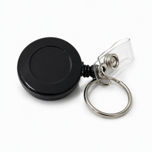 Black Economy Retractable Reel Zinger with Clear Vinyl Strap Clip and Key Ring RRE302-BK