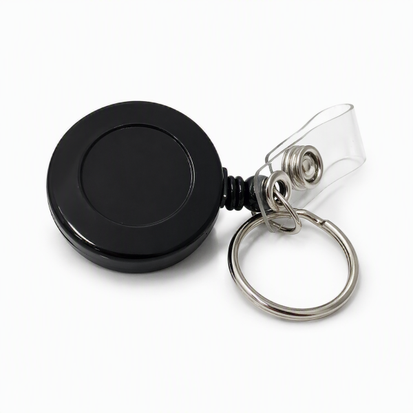 Black Economy Retractable Reel Zinger with Clear Vinyl Strap Clip and Key Ring RRE302-BK