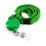 Green Flat Tubular Polyester Lanyard with a black safety breakaway and a Green Retractable Reel with a Clear Vinyl Strap Clip attached to the lanyard. SKU: LSPB4-G