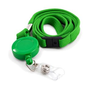 Green Flat Tubular Polyester Lanyard with a black safety breakaway and a Green Retractable Reel with a Clear Vinyl Strap Clip attached to the lanyard. SKU: LSPB4-G