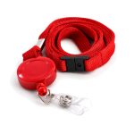 Red Flat Tubular Polyester Lanyard with a black safety breakaway and a Red Retractable Reel with a Clear Vinyl Strap Clip attached to the lanyard. SKU: LSPB4-R