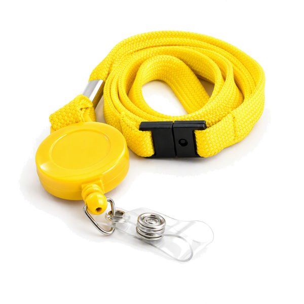 Yellow Flat Tubular Polyester Lanyard with a black safety breakaway and a Yellow Retractable Reel with a Clear Vinyl Strap Clip attached to the lanyard. SKU: LSPB4-Y