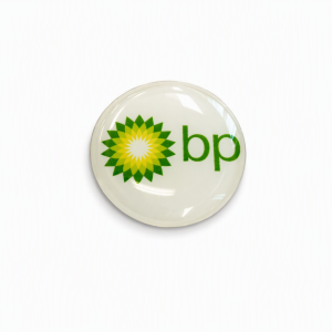 BP circular white and green custom epoxy sticker by ID Supplies