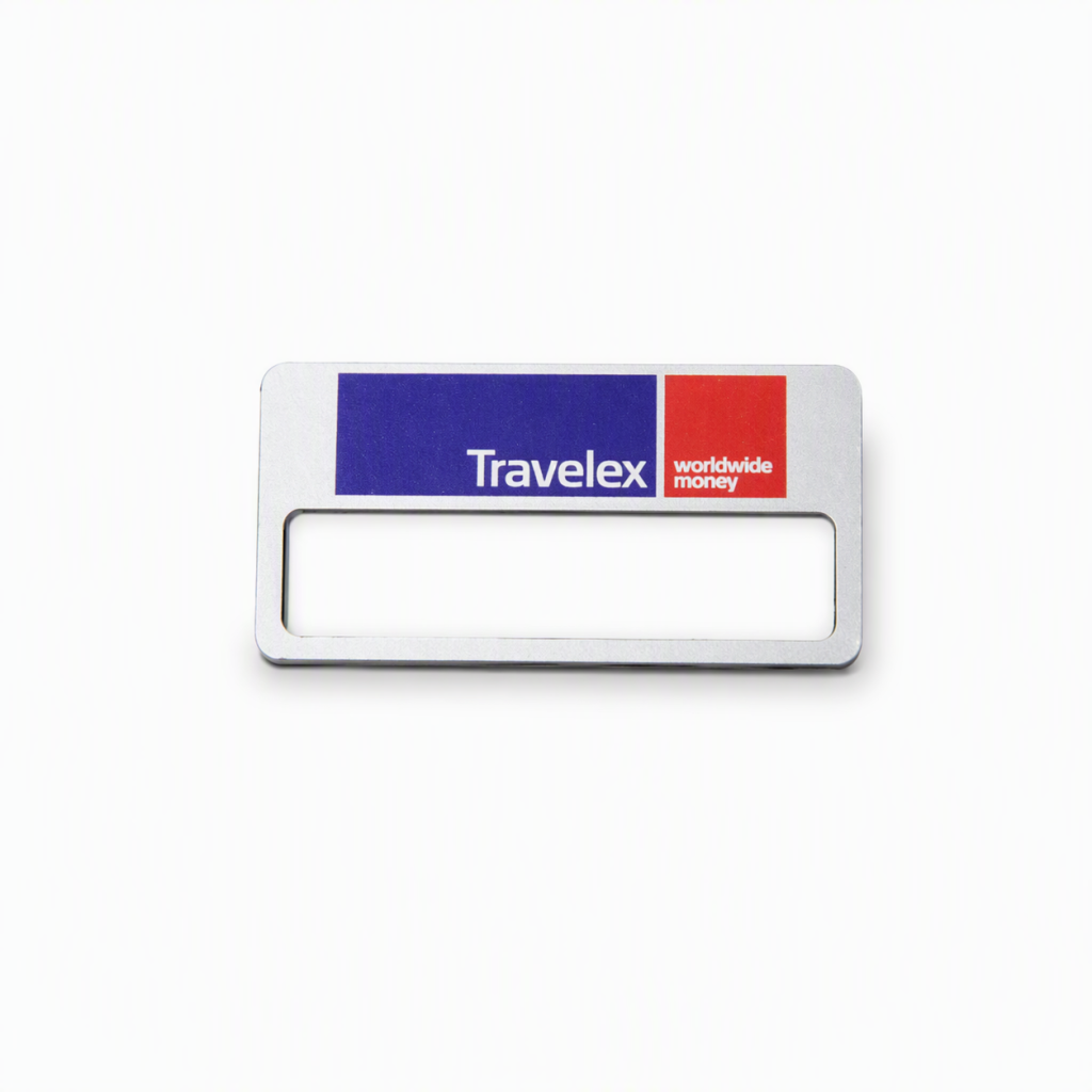 Travelex white and silver custom re-usable staff name tag by ID Supplies